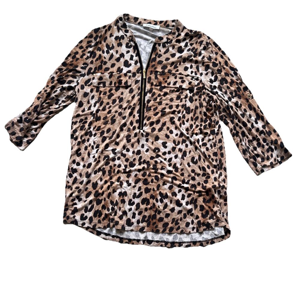 Calvin Klein Womens 1/4 Zip Top Size Mediu Animal Print Leopard Cheetah Mob Wife